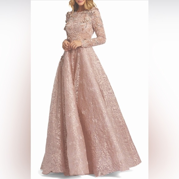 Mac Duggal $998 Embellished Illusion Long Sleeve A Line Gown - mocha Lace weddin - Picture 5 of 12